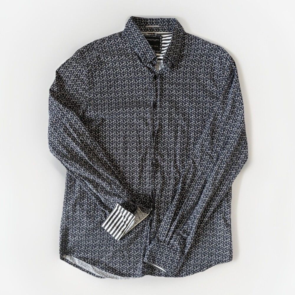 Denim & Flower Ricky Singh Navy Blue Long Sleeve Floral Cuff Shirt Men's Large